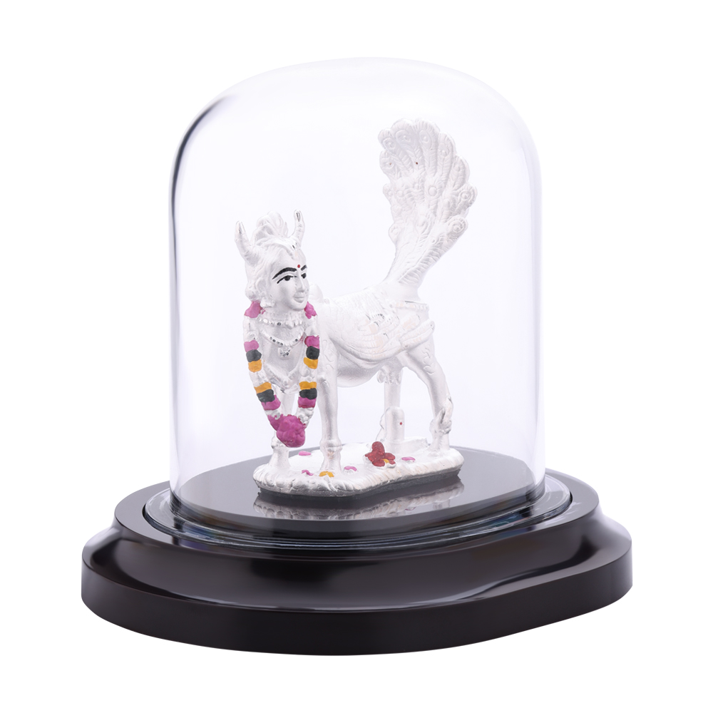 LeZilver Kamadhenu Pure Silver Idol in Glass Dome � Handcrafted Divine Cow Statue( 12.44 gms)