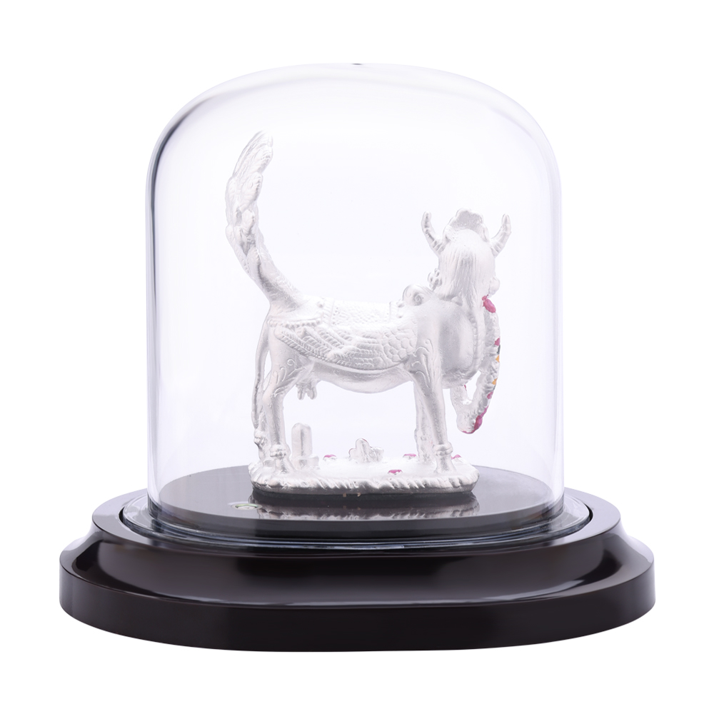 LeZilver Kamadhenu Pure Silver Idol in Glass Dome � Handcrafted Divine Cow Statue( 12.44 gms)